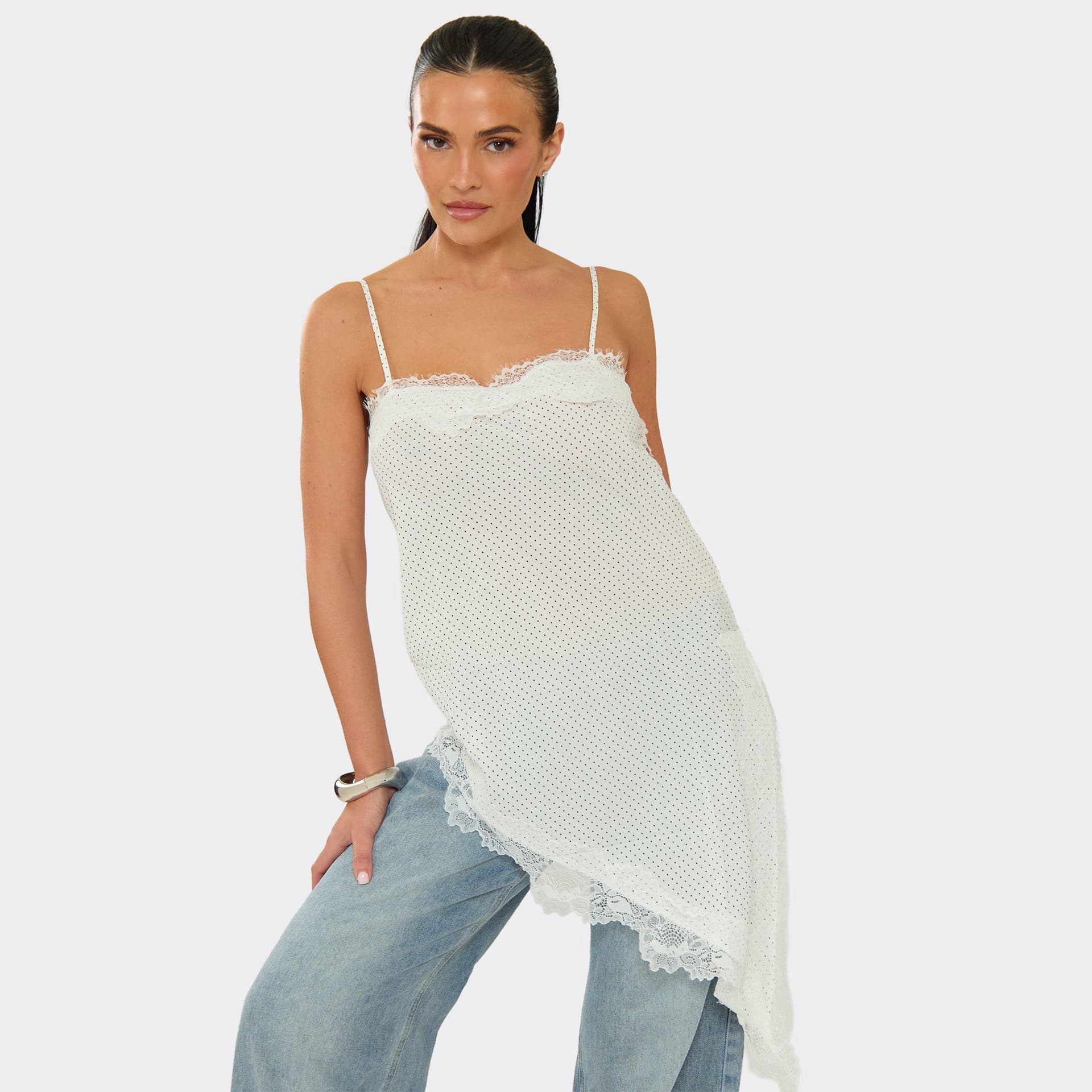 EGO Strappy Lace Trim Asymmetric Split Hem Top In White Polka Dot, Women's Size UK M