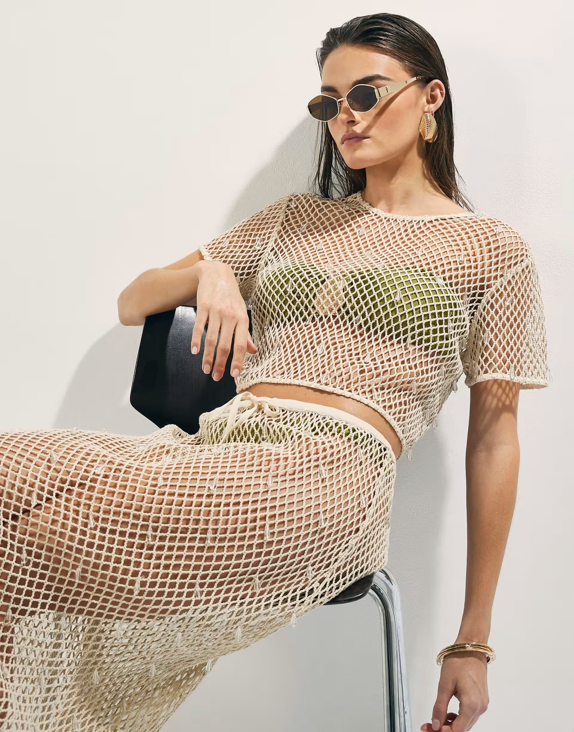 ASOS River Island Crochet short sleeve embellished top in cream