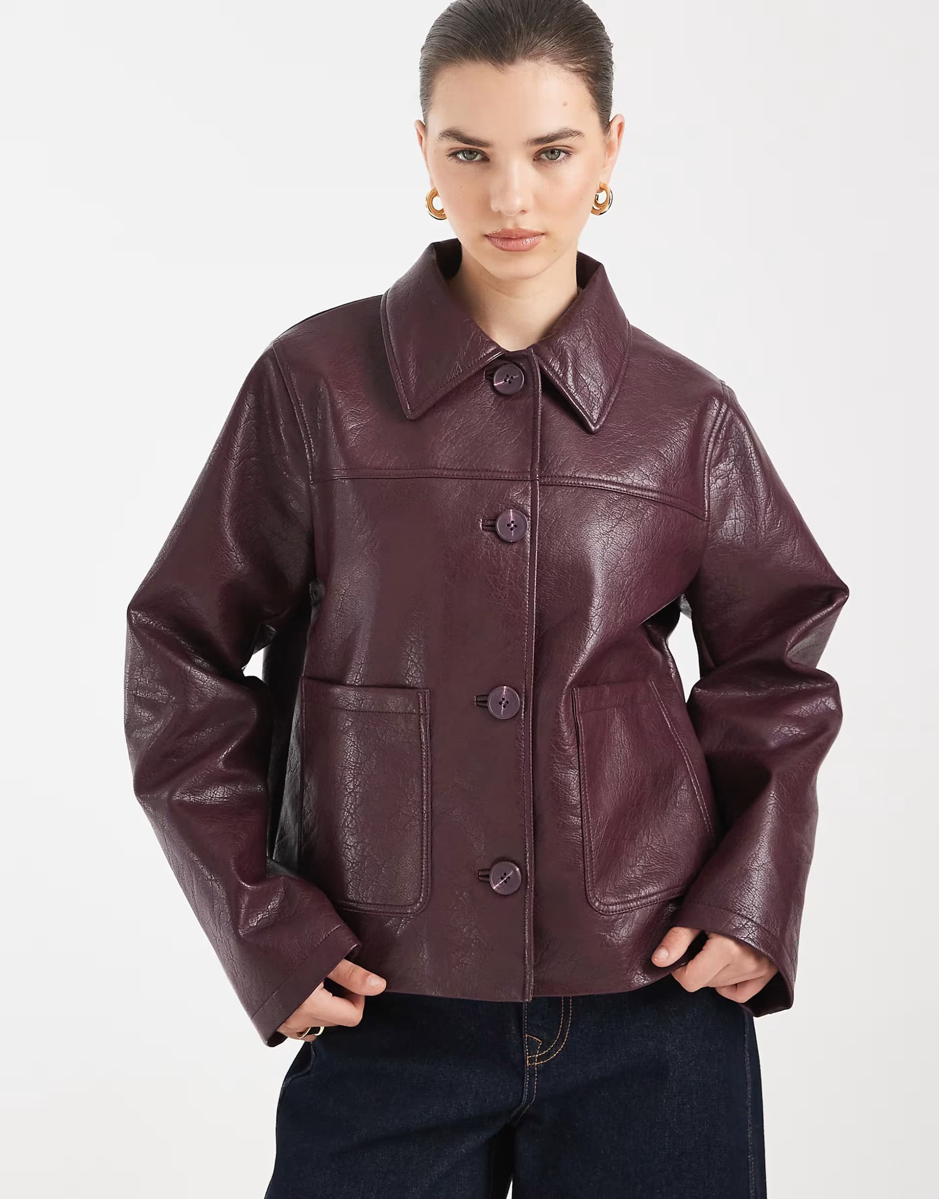 ASOS ASOS DESIGN leather look harrington jacket in burgundy