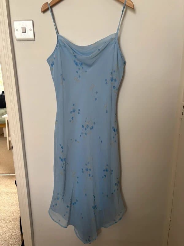 New Look Vintage 1990s new look baby blue handkerchief hem cowl neck floral chiffon dress