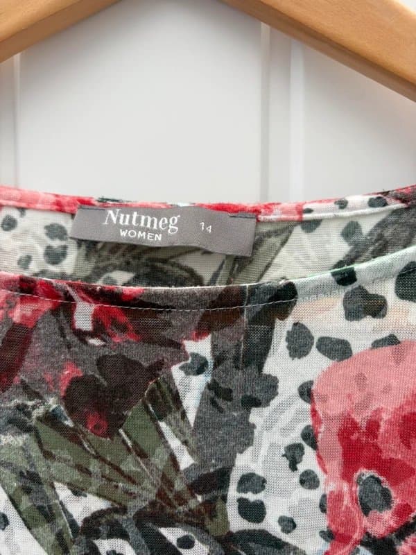 Nutmeg Nutmeg Floral Animal Print T-Shirt UK 14 White Pink Green Short Sleeve Casual Summer Top