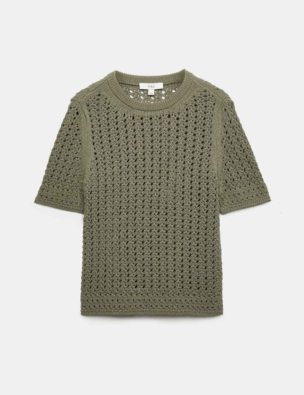 Marks & Spencer M&S Cotton Blend Textured Knitted Top Light Olive