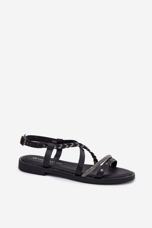 Love Lace Love Lace Women's Decorative Braided Strap Flat Sandals with Buckle in Black - 2