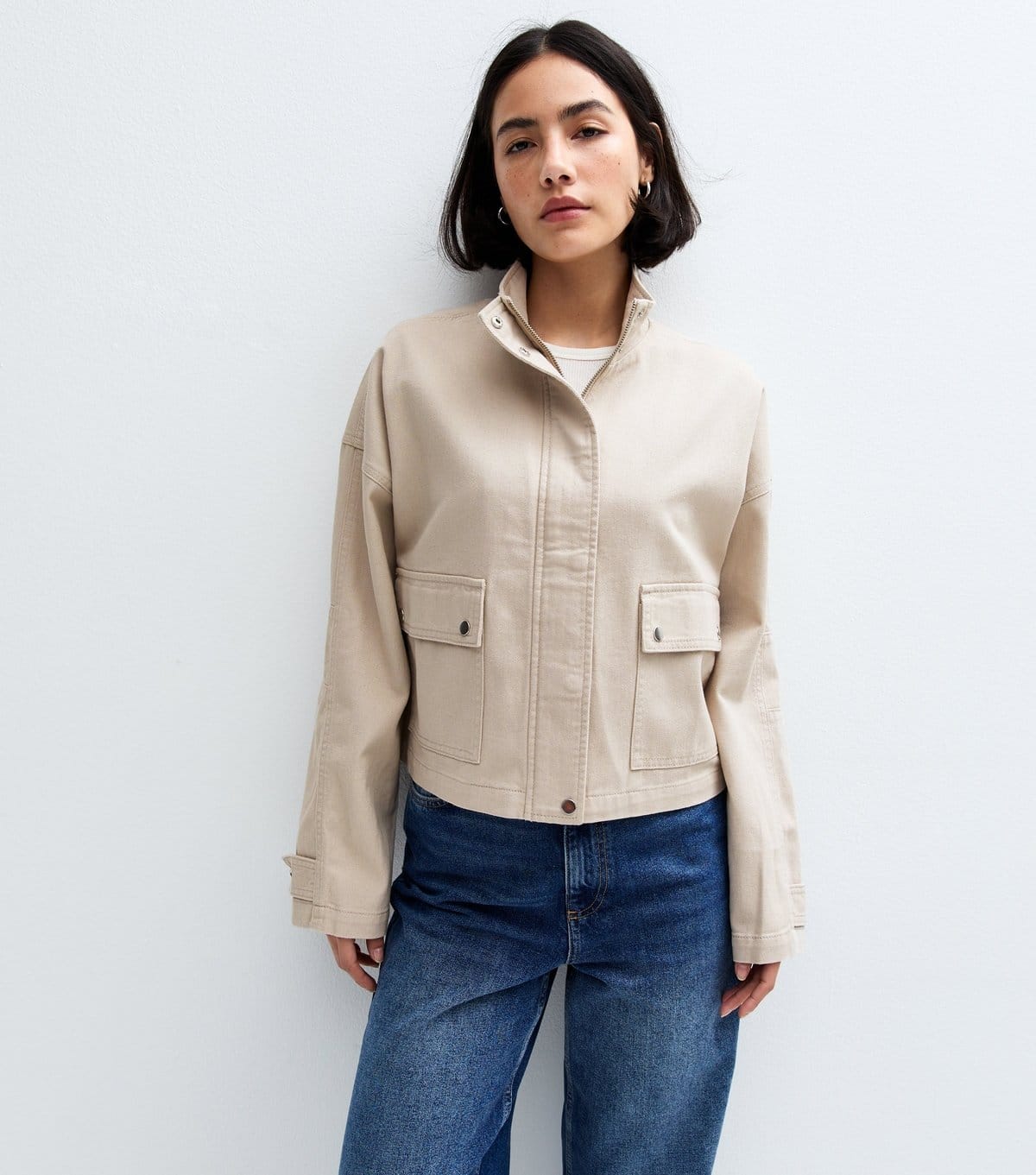 New Look Women's Stone High Neck Cotton Twill Shacket New Look - 1