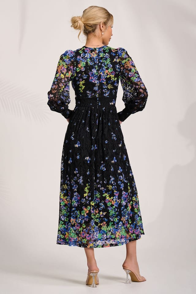 Jolie Moi Jolie Moi Women's Long Sleeve Printed Lace Maxi Dress in Mid Navy - 2