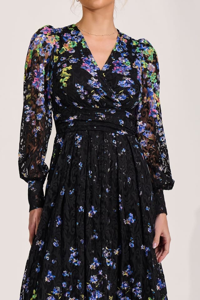 Jolie Moi Jolie Moi Women's Long Sleeve Printed Lace Maxi Dress in Mid Navy - 3