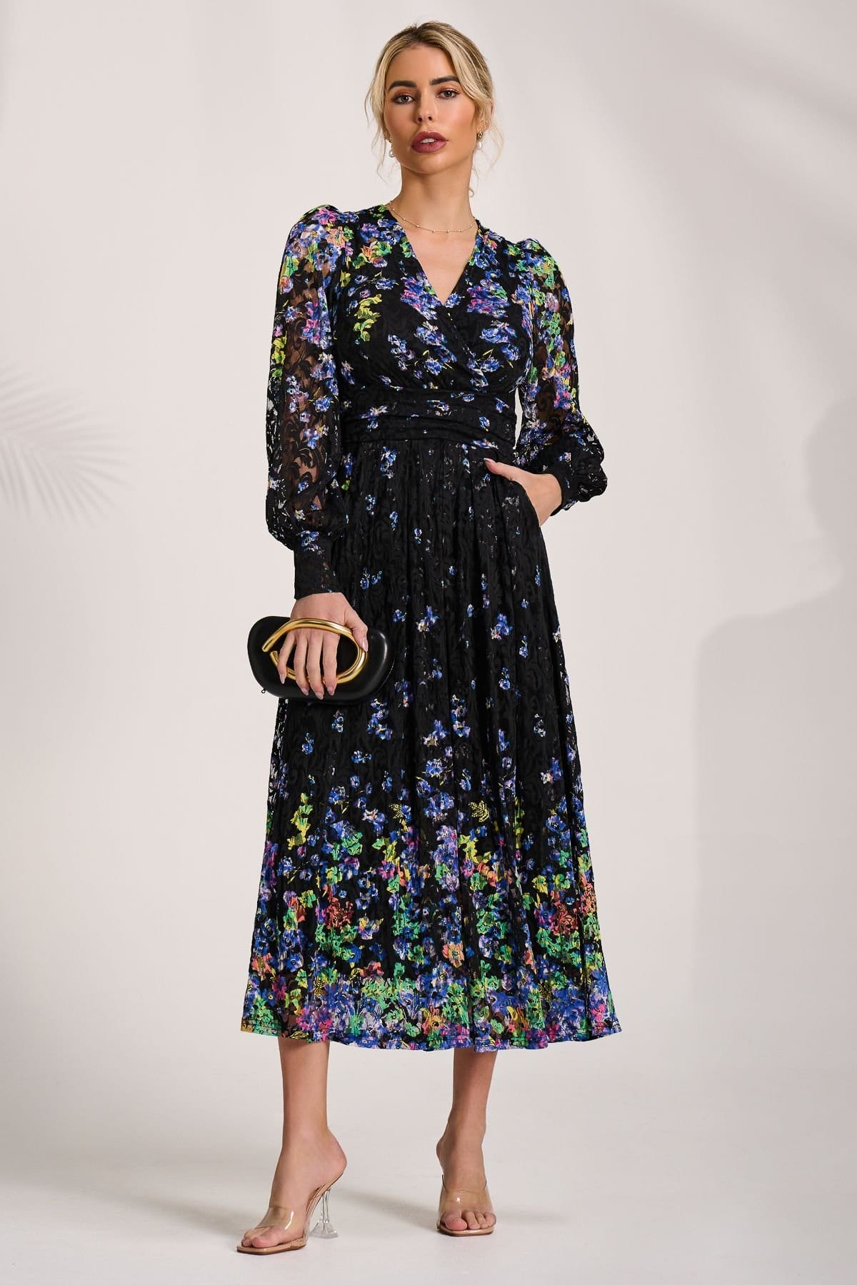Jolie Moi Jolie Moi Women's Long Sleeve Printed Lace Maxi Dress in Mid Navy - 4