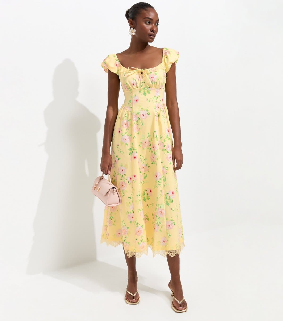New Look Women's Yellow Painted Rose Print Milkmaid Midi Dress New Look