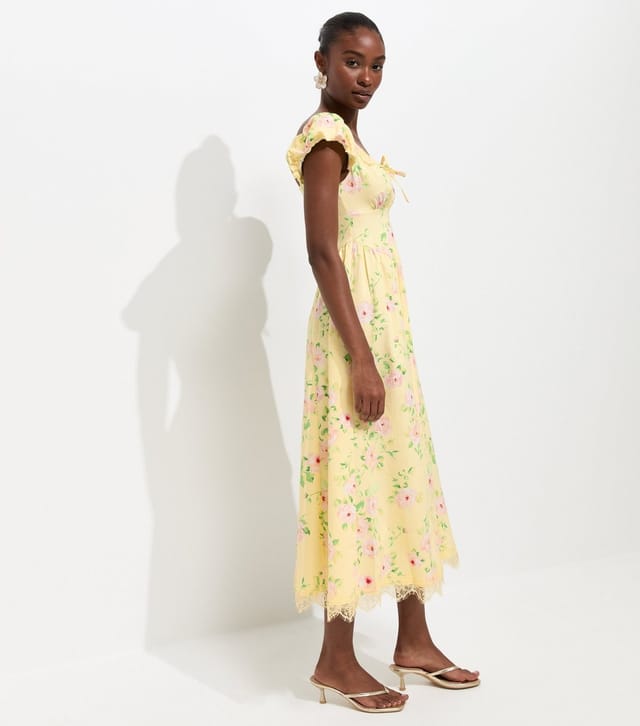 New Look Women's Yellow Painted Rose Print Milkmaid Midi Dress New Look - 3