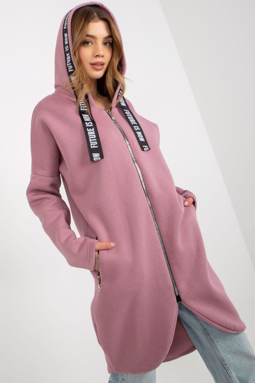 Love Lace Love Lace Women's Extended Cut Hooded Zip Sweatshirt with Pockets in Pink