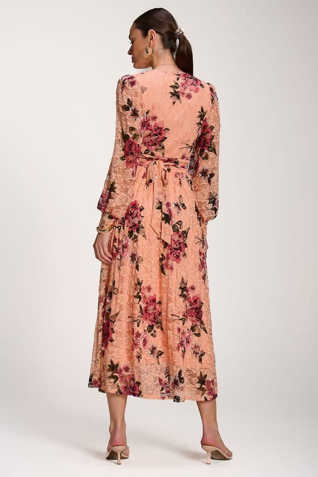 Jolie Moi Jolie Moi Women's Long Sleeve Printed Lace Midaxi Dress in Coral - 2