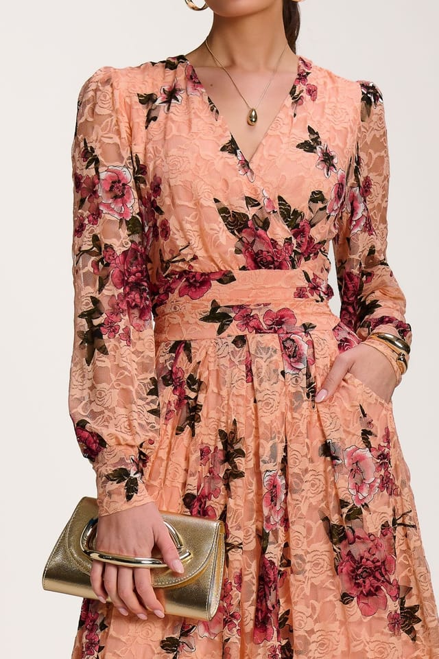 Jolie Moi Jolie Moi Women's Long Sleeve Printed Lace Midaxi Dress in Coral - 3