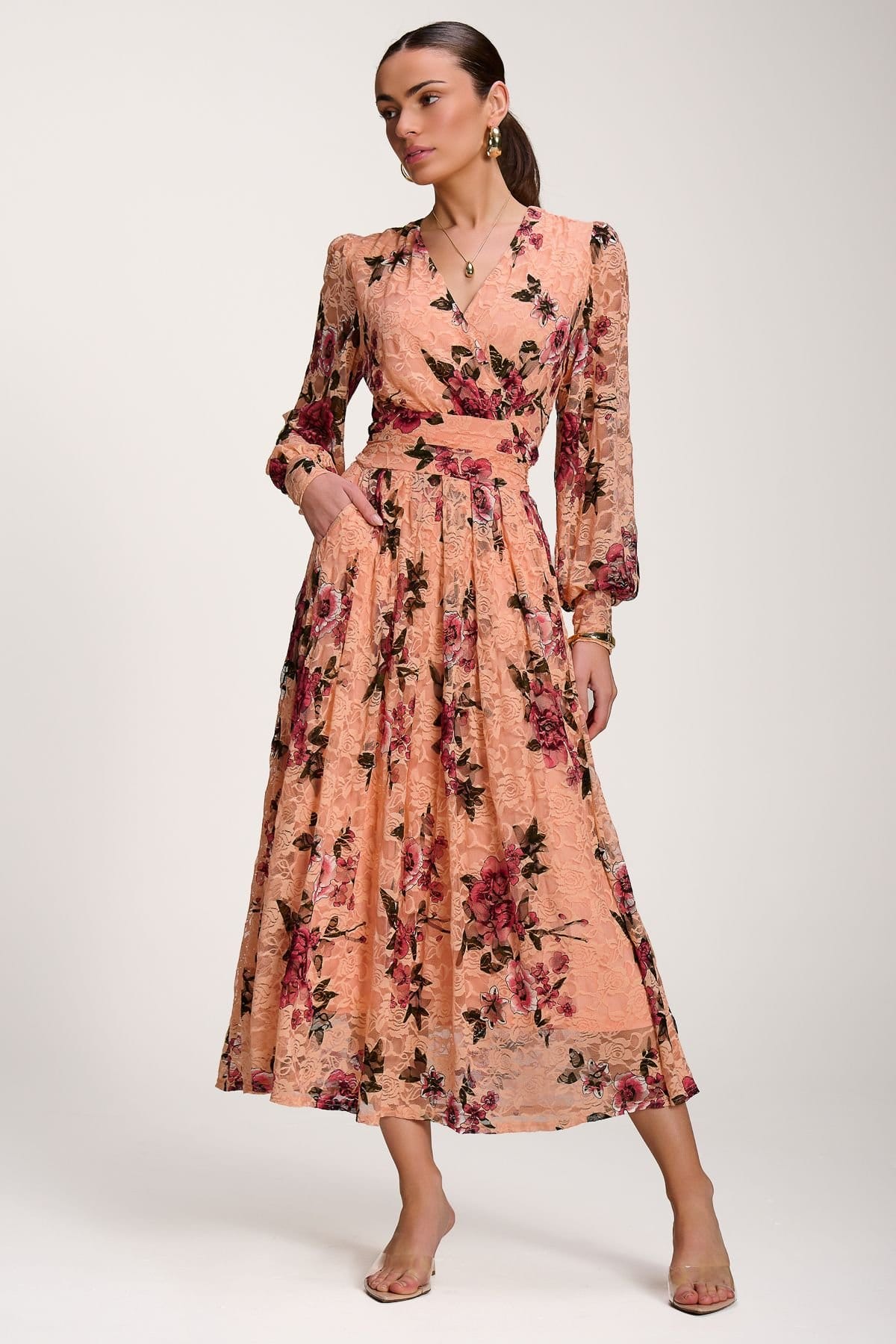 Jolie Moi Jolie Moi Women's Long Sleeve Printed Lace Midaxi Dress in Coral - 4