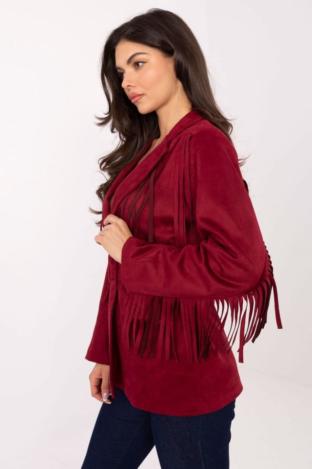 Love Lace Love Lace Women's Boho Suede Effect Blazer with Fringe Belt in Red - 2