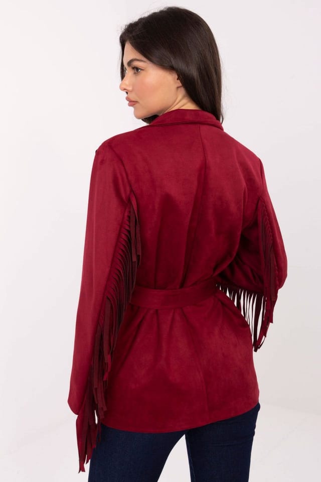 Love Lace Love Lace Women's Boho Suede Effect Blazer with Fringe Belt in Red - 3