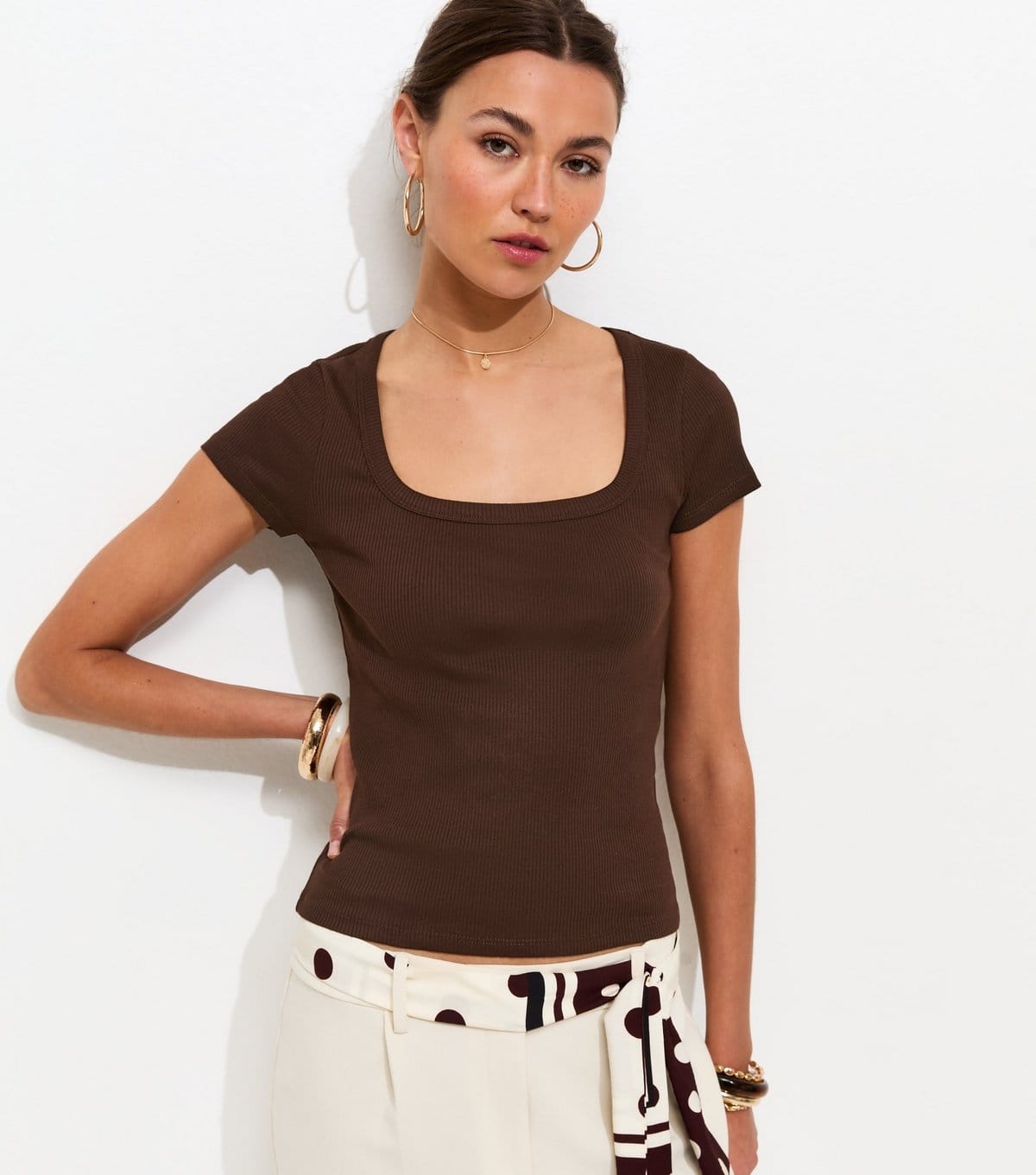 New Look Brown Square Neck Top