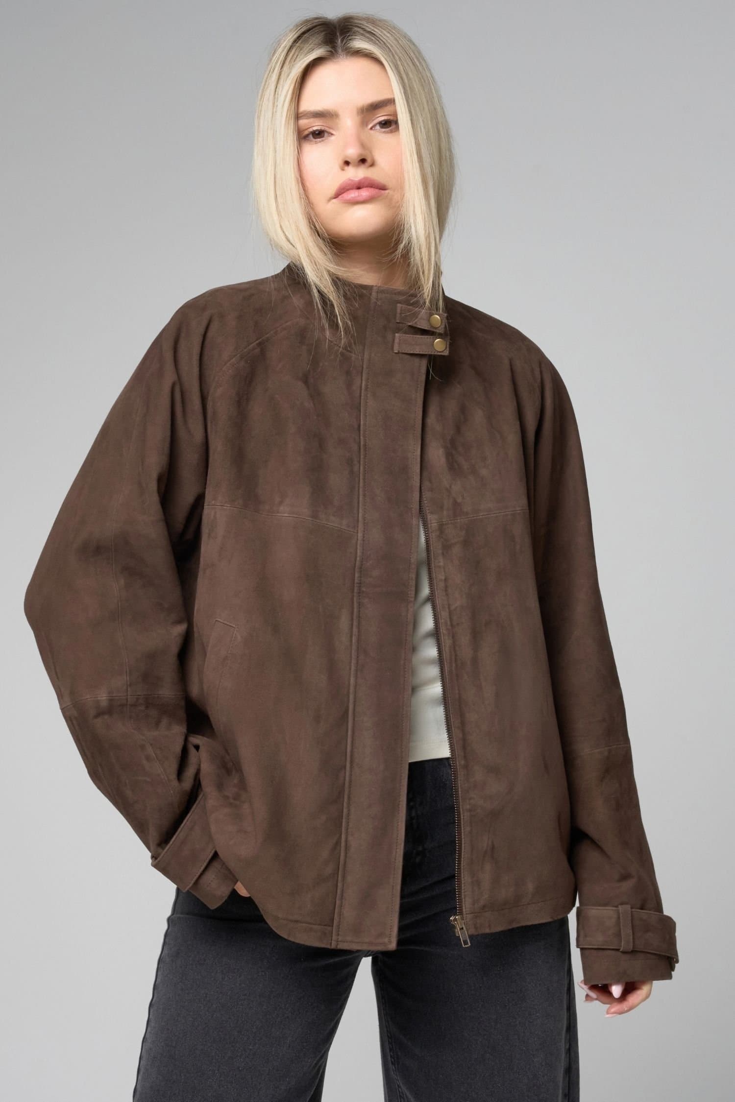 Barneys Originals Barneys Originals Women's Chocolate Suede Funnel Neck Jacket in Brown