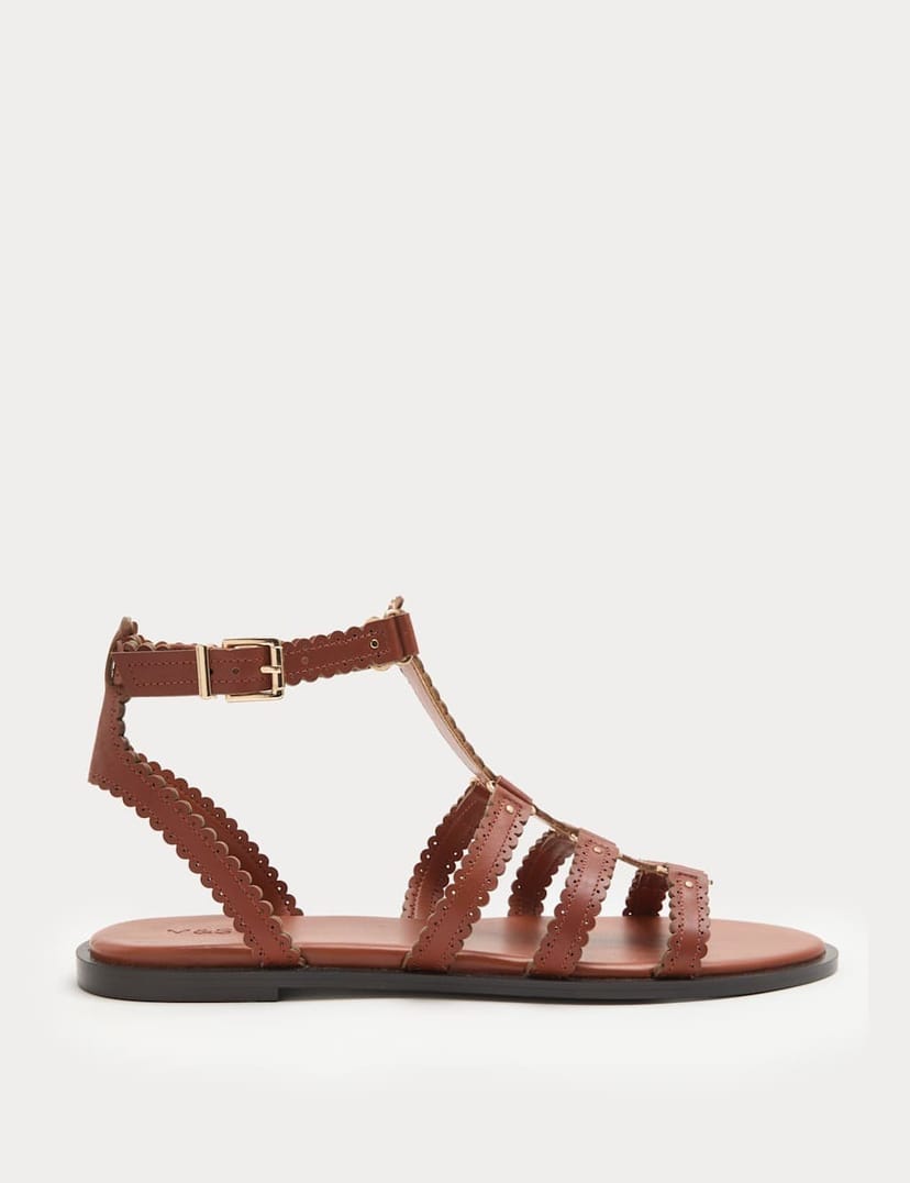 Marks & Spencer M&S Leather Scallop Edge Flat Gladiator Sandals Tan - 1