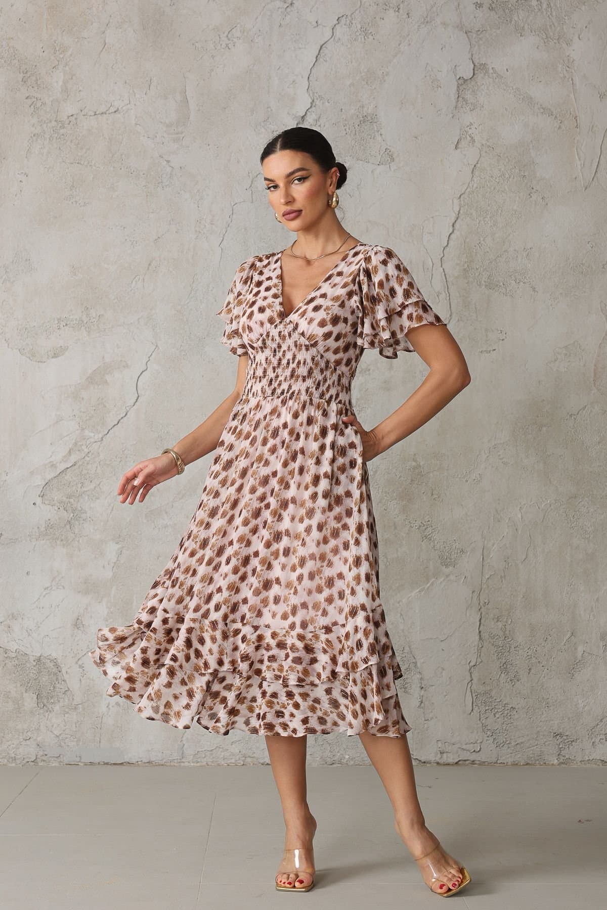 Jolie Moi Jolie Moi Women's Frill Hem Chiffon Midi Dress in Brown