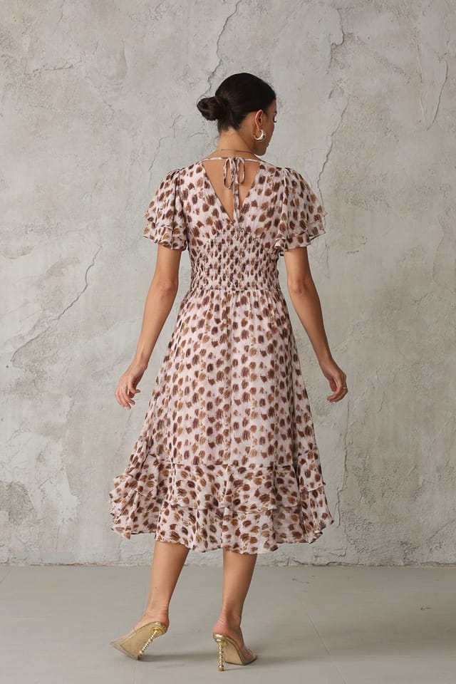 Jolie Moi Jolie Moi Women's Frill Hem Chiffon Midi Dress in Brown - 2