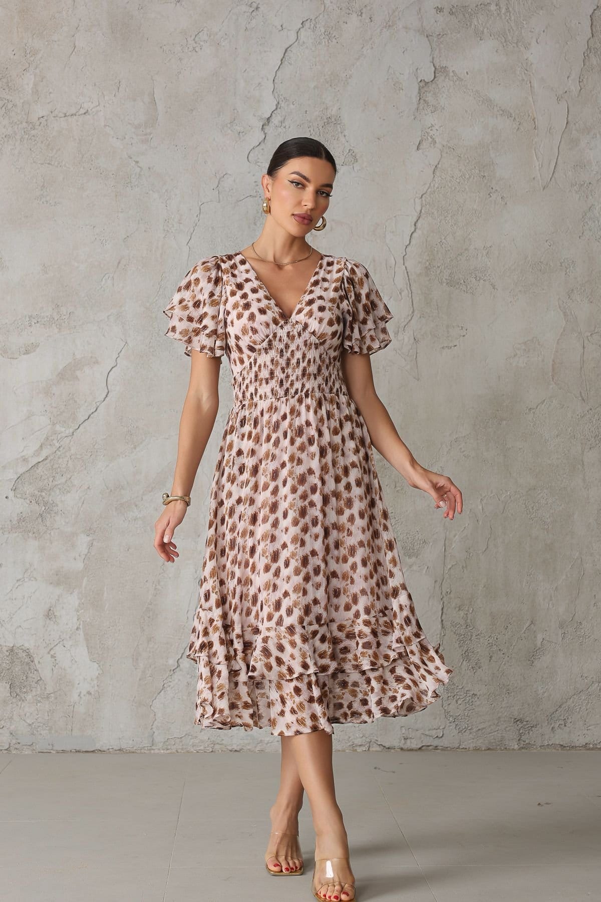 Jolie Moi Jolie Moi Women's Frill Hem Chiffon Midi Dress in Brown - 4