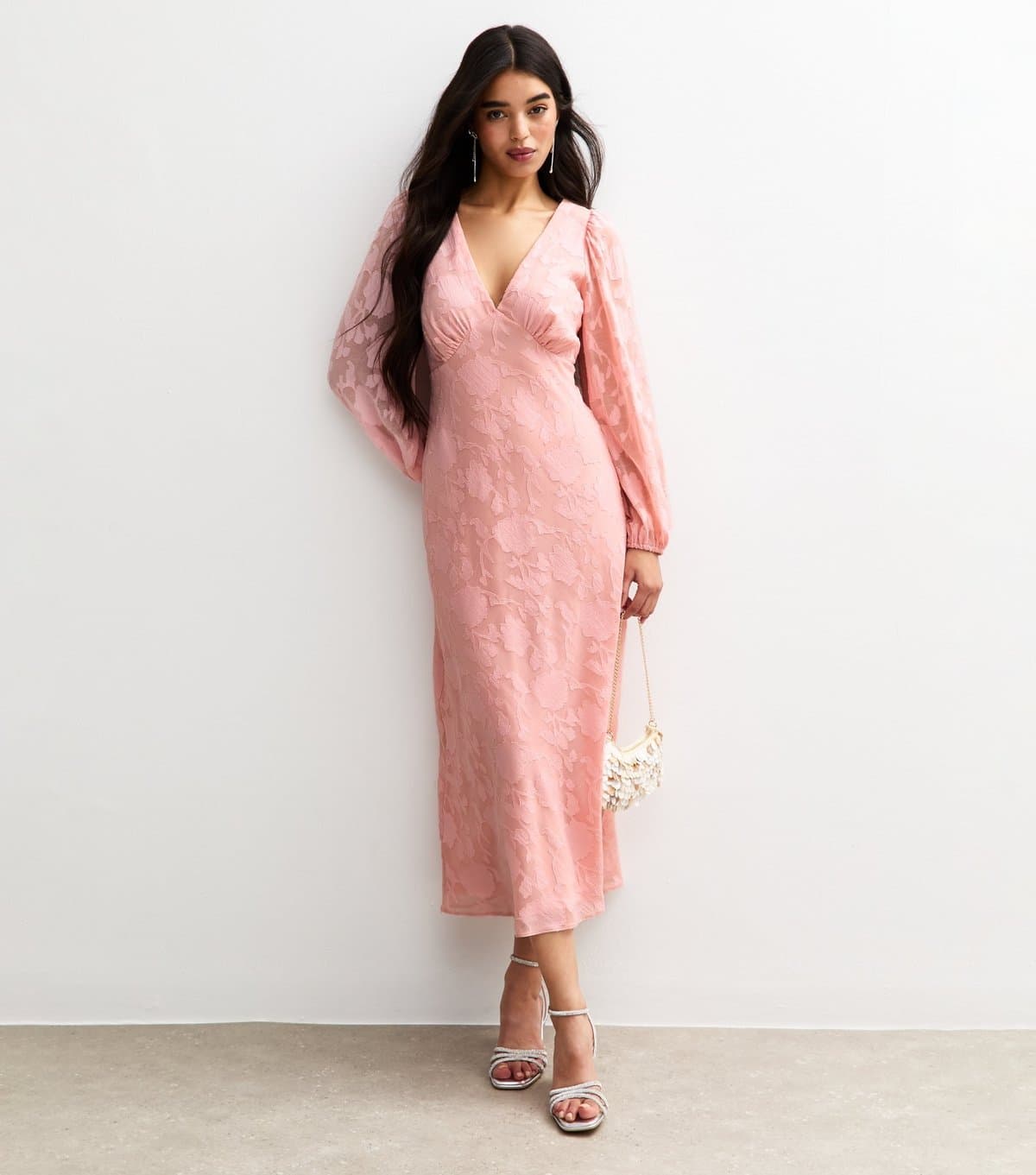 New Look Women's Pink Floral Patterned Long Sleeve Midi Dress New Look