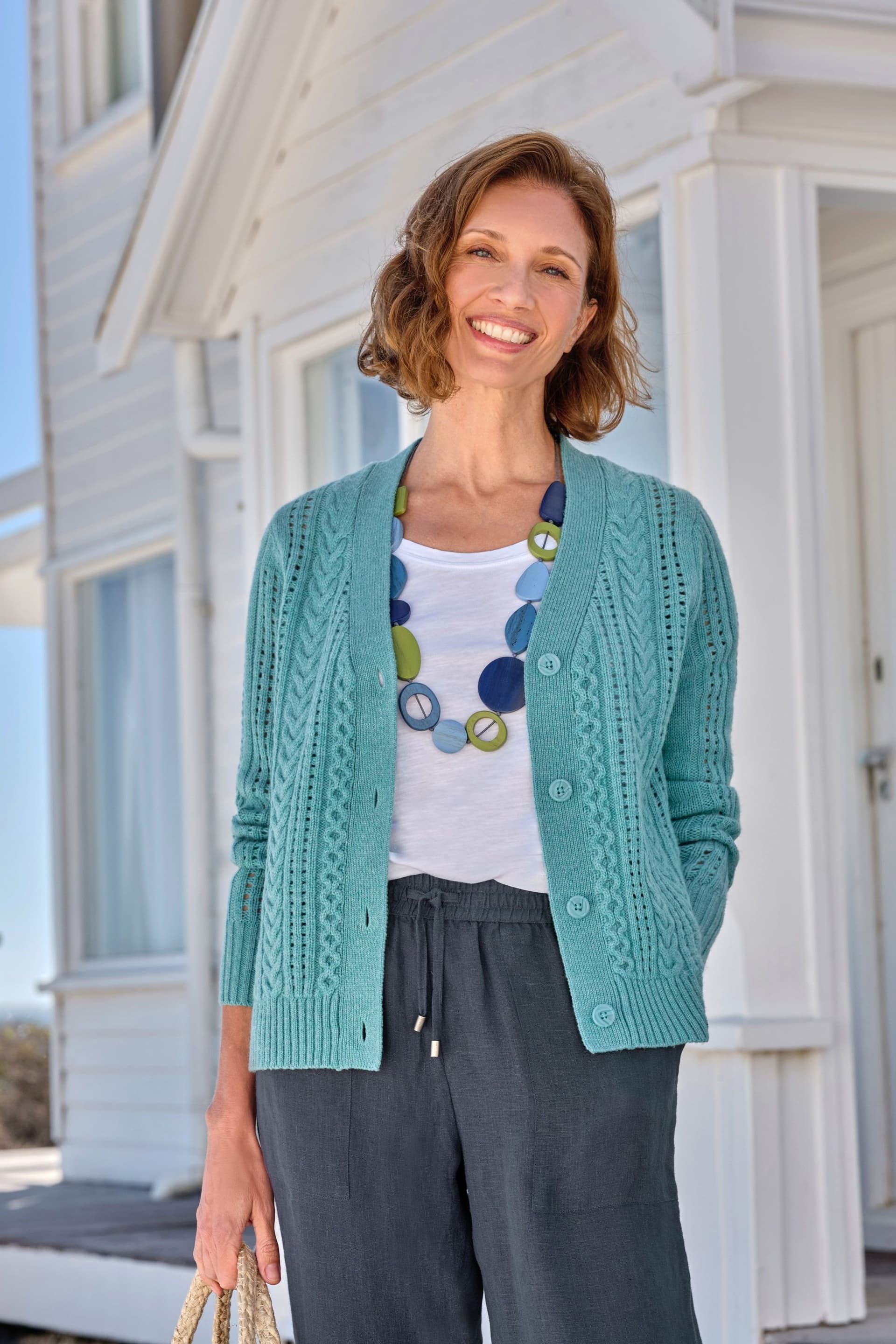 WoolOvers WoolOvers Women's V Neck Cable Cardigan in Green