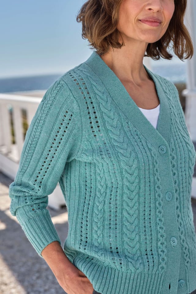 WoolOvers WoolOvers Women's V Neck Cable Cardigan in Green - 3