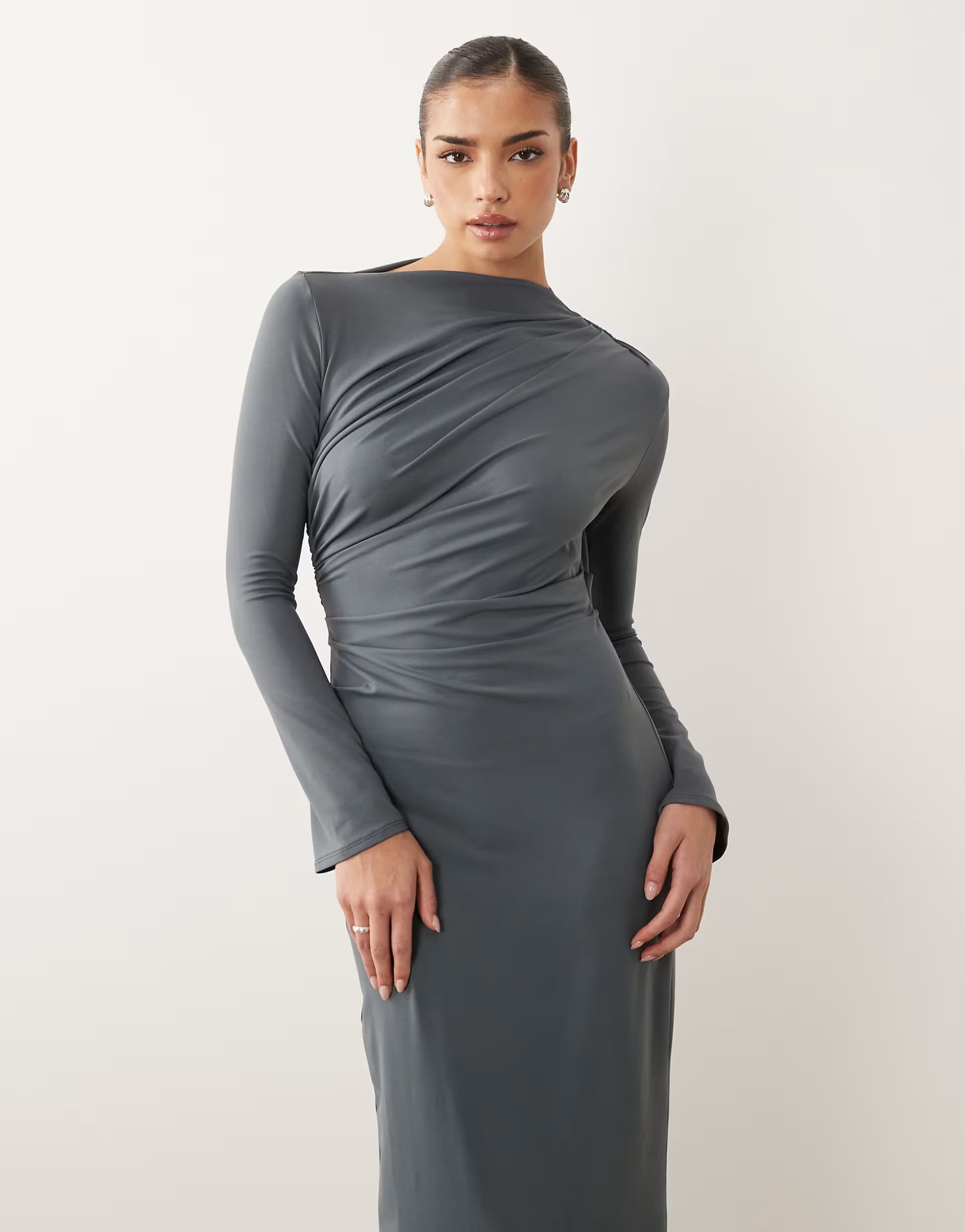 ASOS ASOS DESIGN asymmetric drape slash neck maxi dress in slate grey