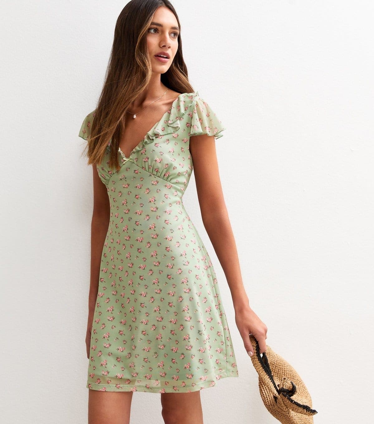 New Look Women's Green Floral Print Frilly Trim Chiffon Mini Dress New Look