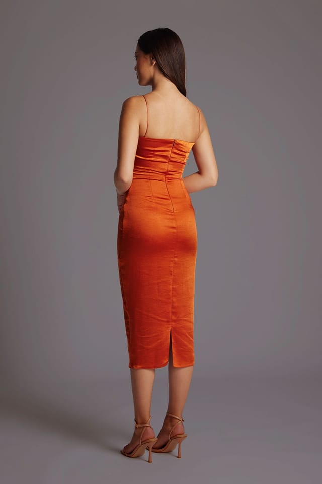 Vesper Vesper Women's Sweetheart Neckline Ruched Bust Satin Midaxi Dress in Rust in Burnt Orange - 3
