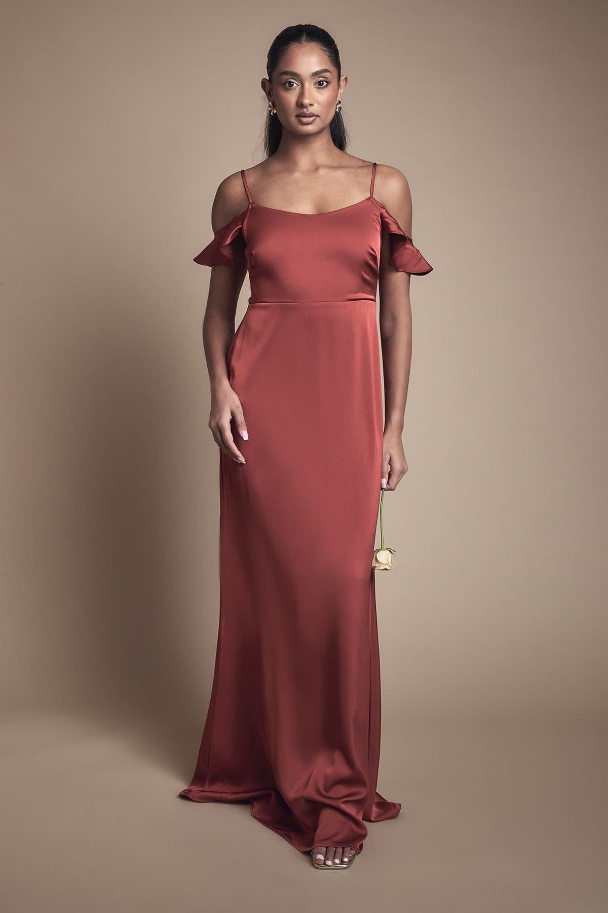 Oasis Oasis Women's Cold Shoulder Satin Bridesmaid Midaxi Dress in Rust