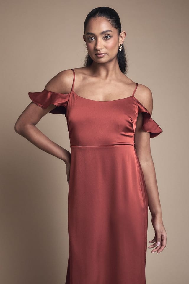 Oasis Oasis Women's Cold Shoulder Satin Bridesmaid Midaxi Dress in Rust - 2