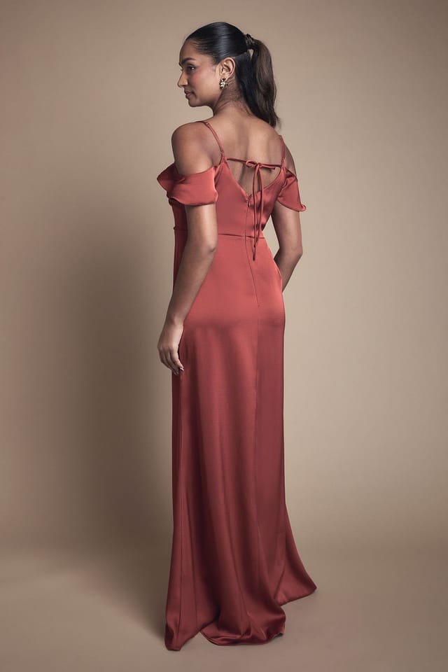 Oasis Oasis Women's Cold Shoulder Satin Bridesmaid Midaxi Dress in Rust - 3