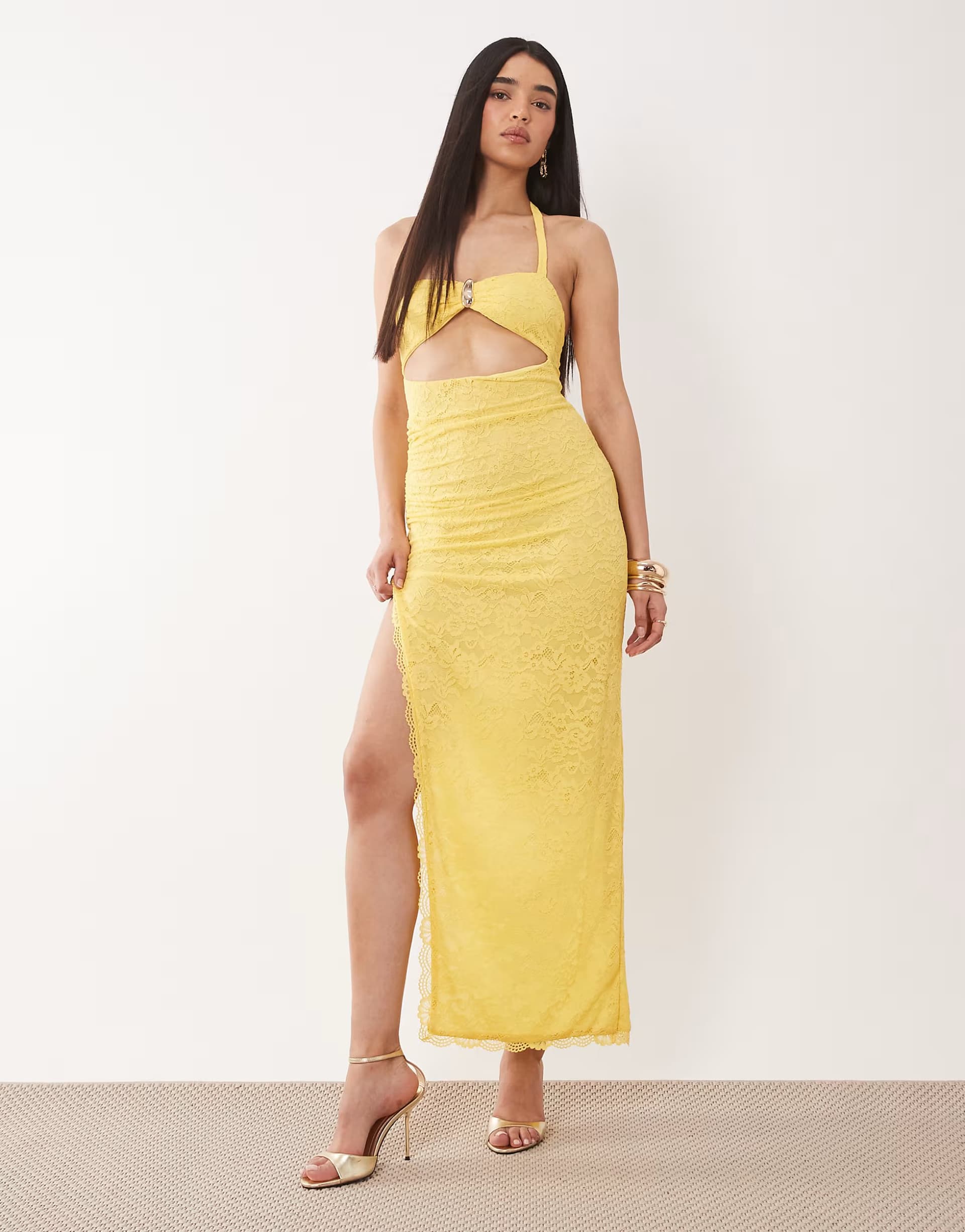 ASOS Murci lace halterneck metal hardware cutout detail maxi dress in yellow