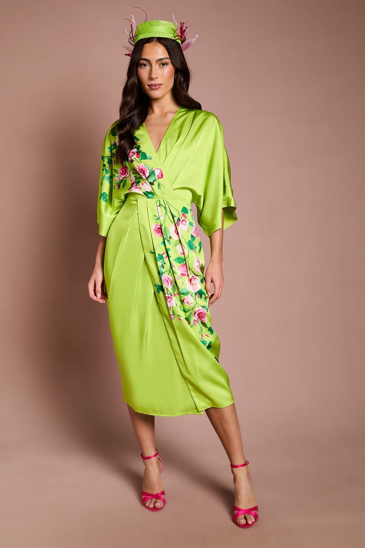 Coast Coast Women's Lisa Tan Printed Kimono Crepe Midi Dress in Lime