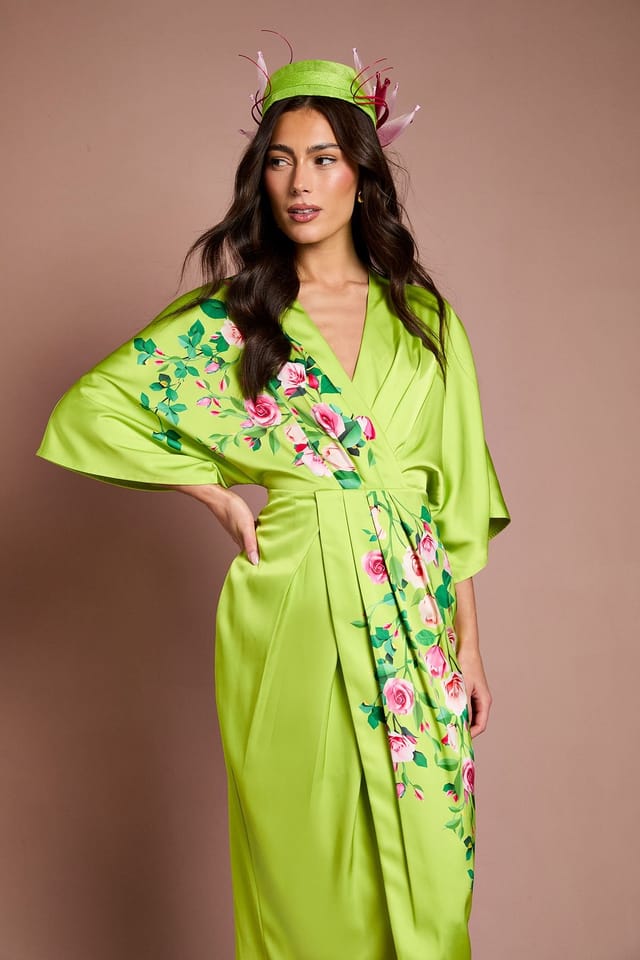 Coast Coast Women's Lisa Tan Printed Kimono Crepe Midi Dress in Lime - 2