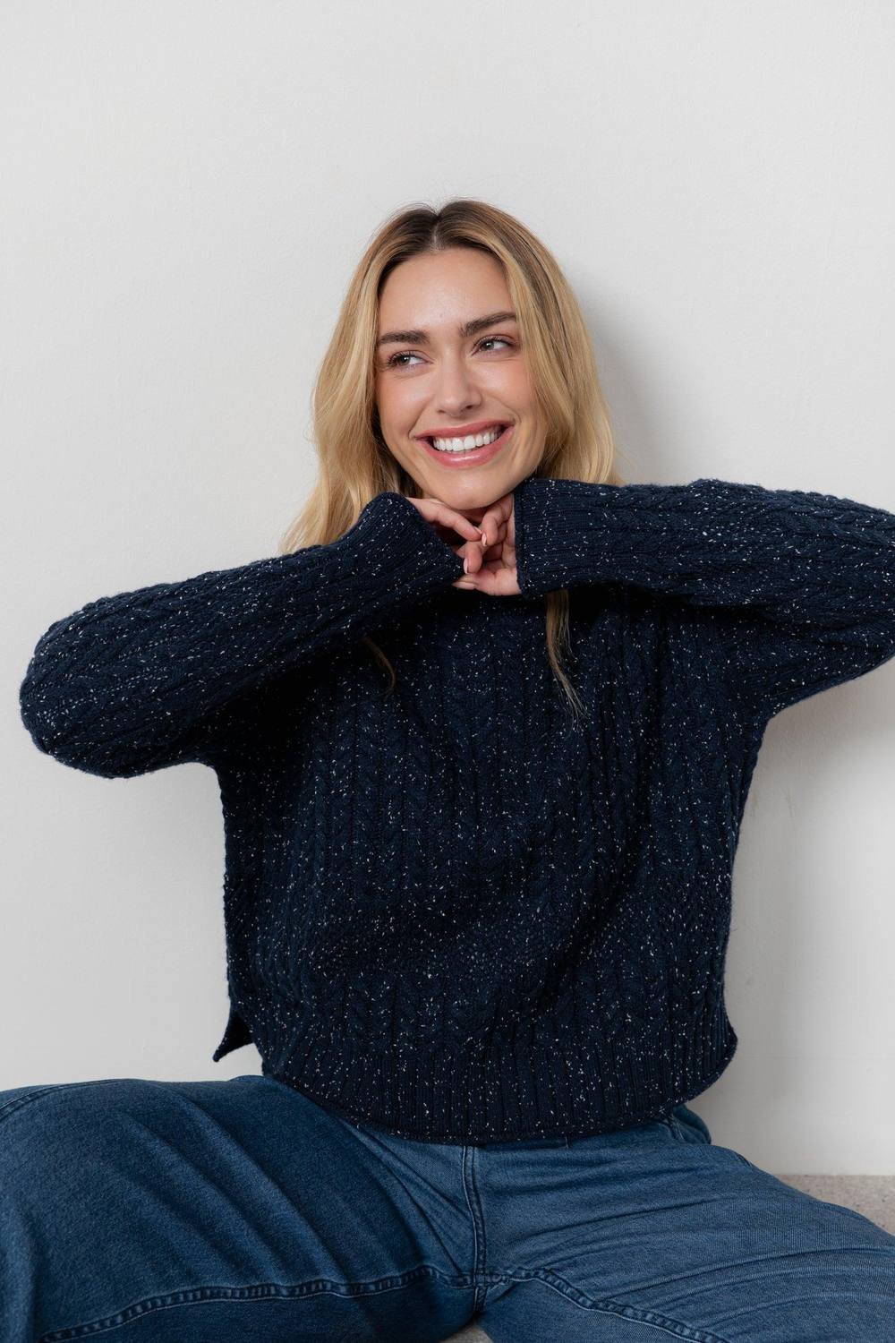 Lily & Me Lily & Me Women's Elspeth Cable Knit Boxy Fit High neck Jumper with Pointelle detailing in Navy - 2