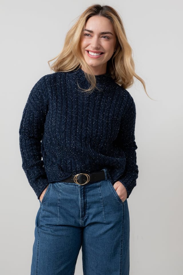 Lily & Me Lily & Me Women's Elspeth Cable Knit Boxy Fit High neck Jumper with Pointelle detailing in Navy - 2