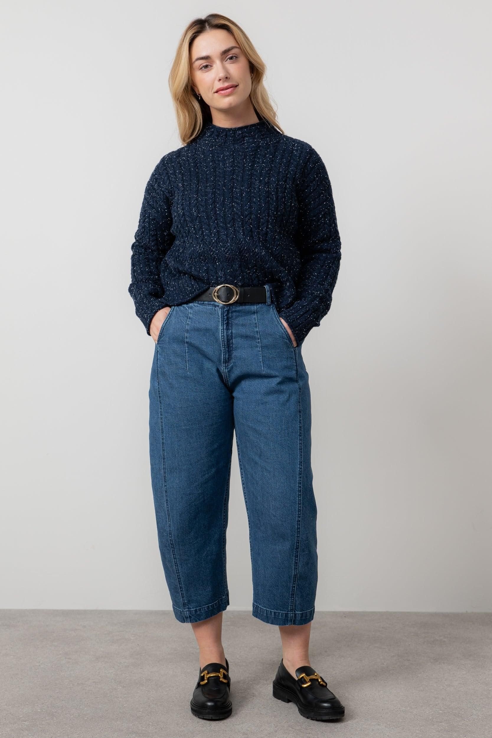 Lily & Me Lily & Me Women's Elspeth Cable Knit Boxy Fit High neck Jumper with Pointelle detailing in Navy - 4