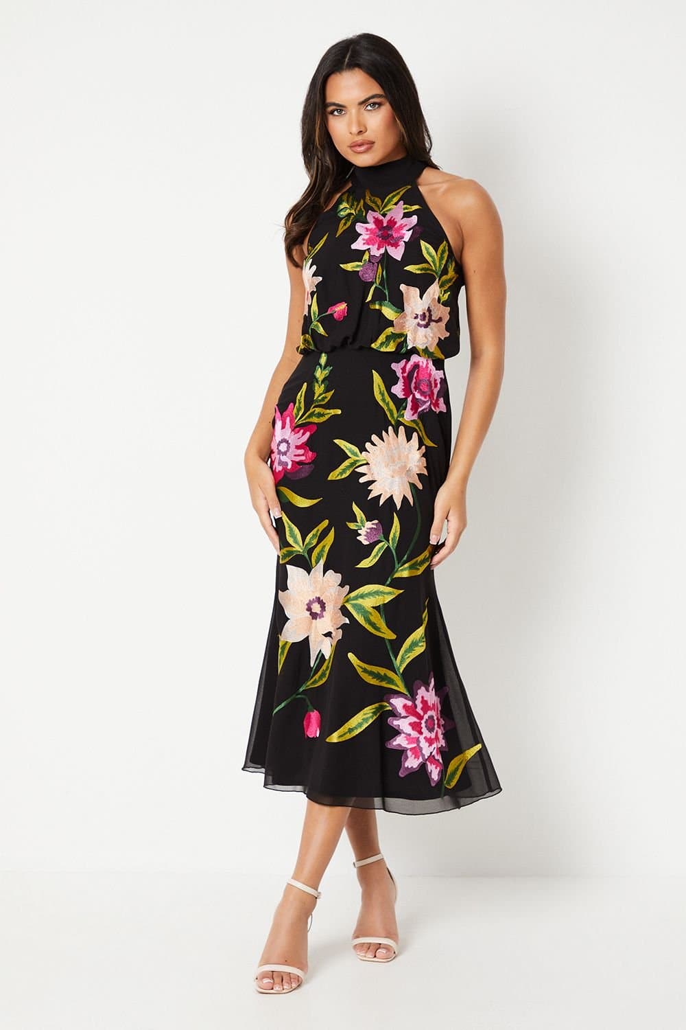 Coast Coast Women's High Neck Midi Dress With Floral Embroidery in Black