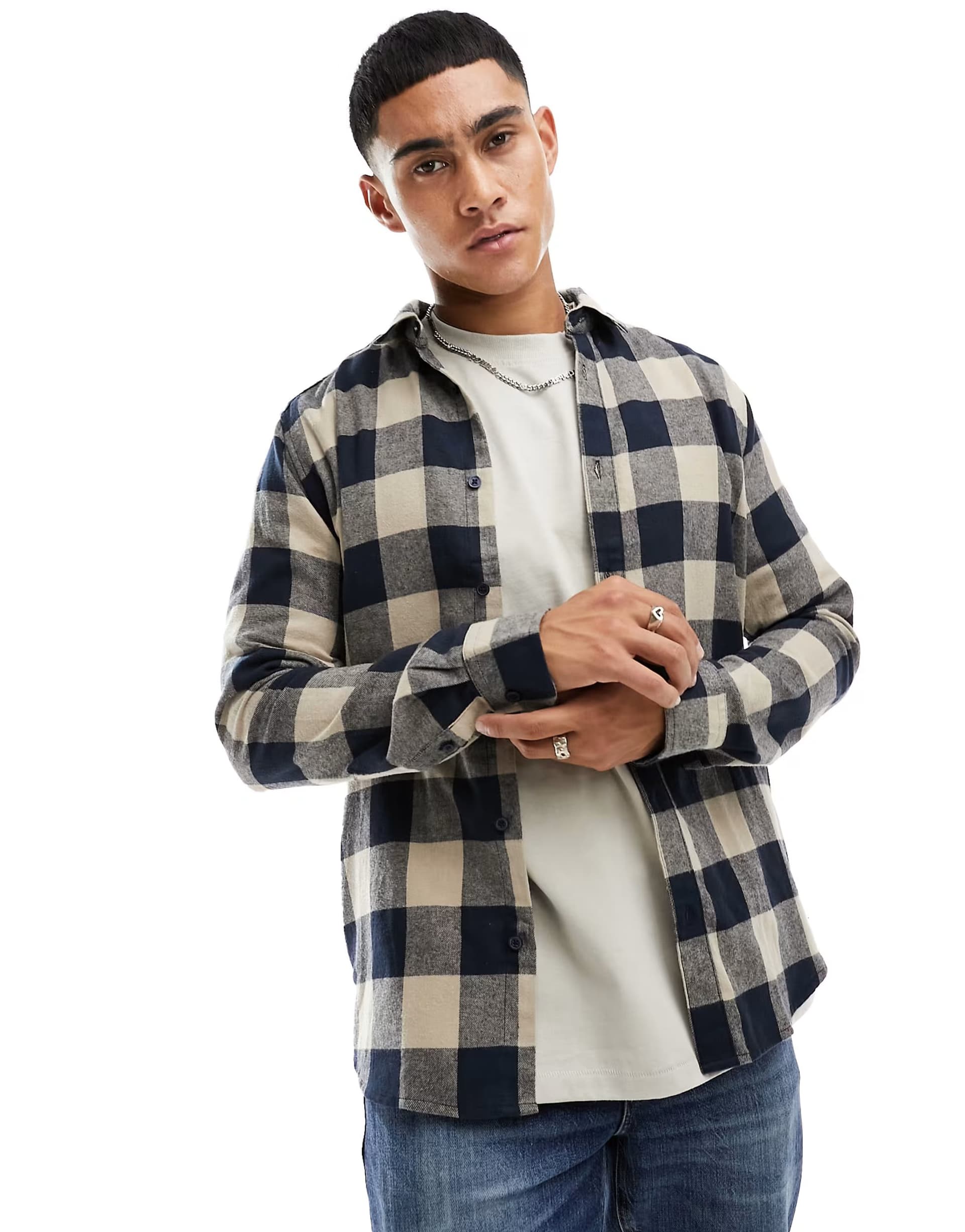 ASOS ONLY & SONS buffalo check shirt in navy and beige