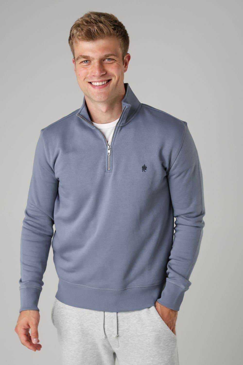 French Connection French Connection Men's Cotton Blend Half-Zip Jumper in Light Blue