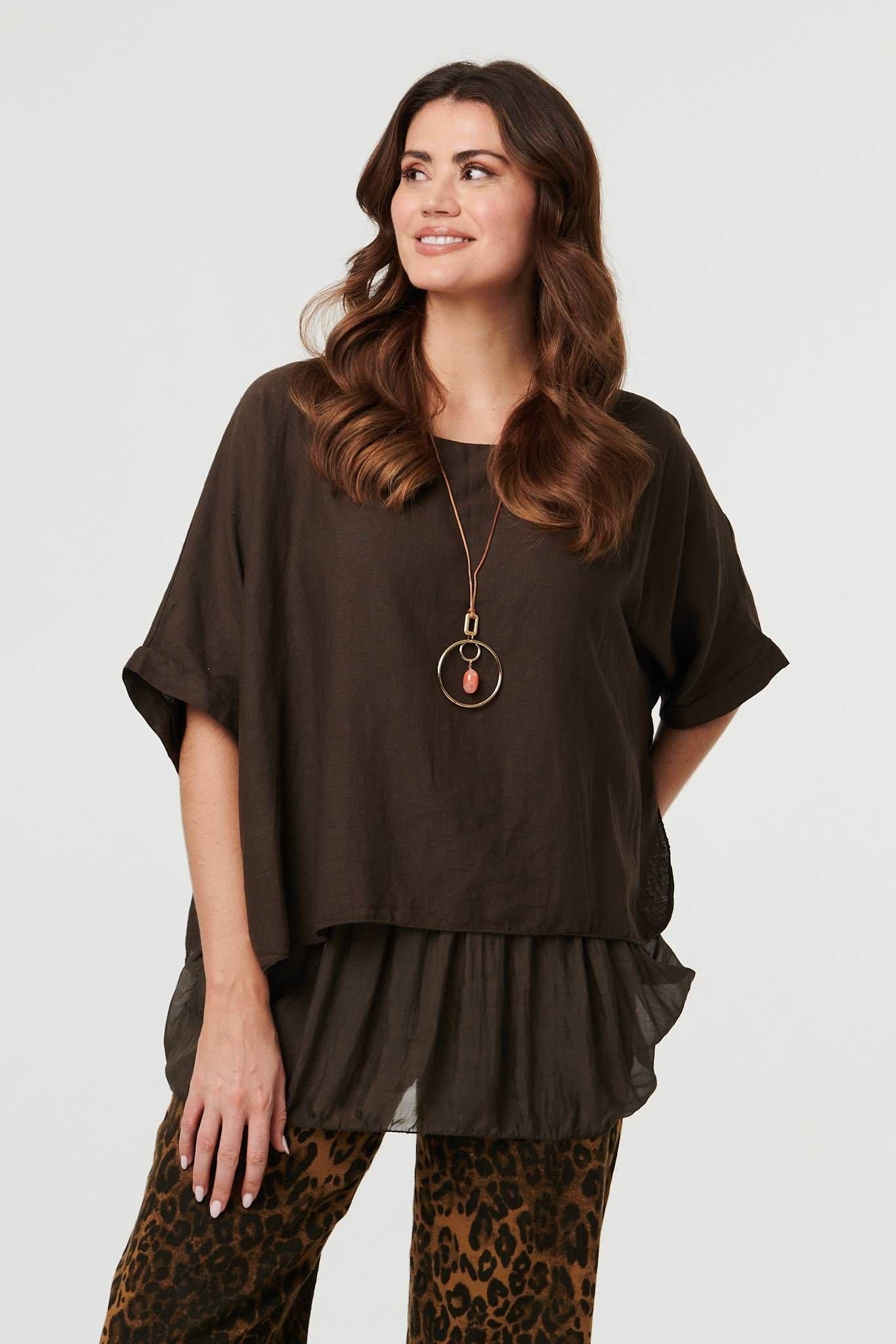 Izabel London Izabel London Women's Layered 1/2 Sleeve Relaxed Tunic Top in Brown