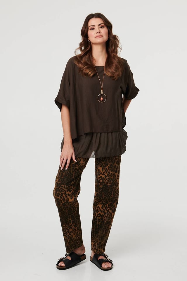Izabel London Izabel London Women's Layered 1/2 Sleeve Relaxed Tunic Top in Brown - 3