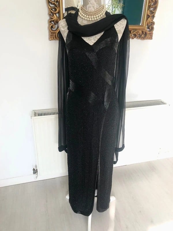 Frank Usher Black Beaded Silk Maxi Gown