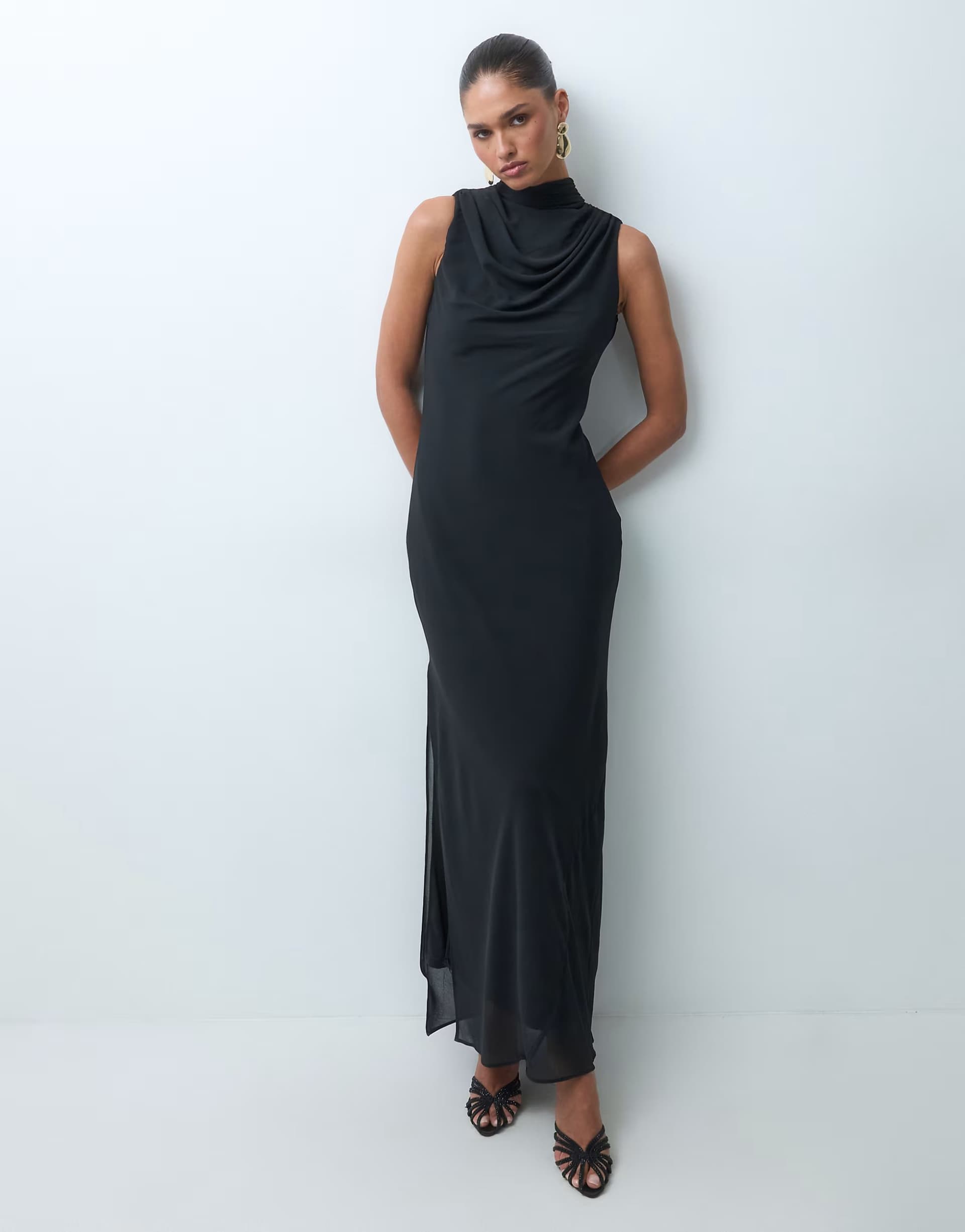 ASOS TFNC slinky high neck chiffon scarf detail maxi dress in black