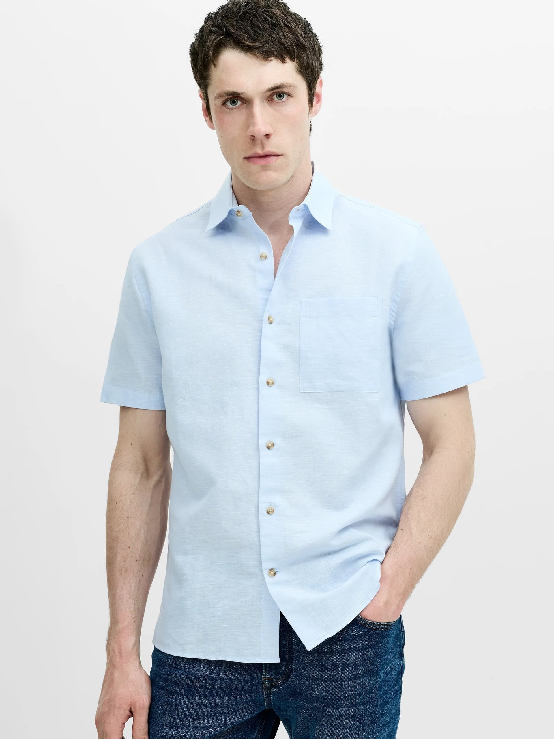 French Connection Linen Blend Short Sleeve Shirt Light Blue