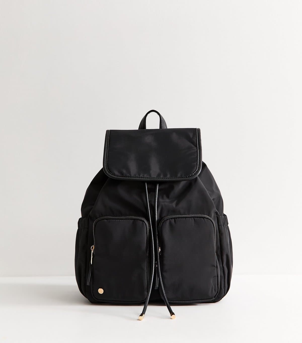 New Look New Look Black Woven Double Pocket Drawstring Backpack