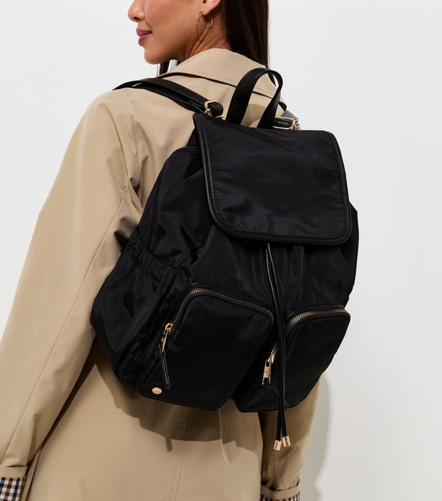 New Look Black Woven Double Pocket Drawstring Backpack School New Look - 2